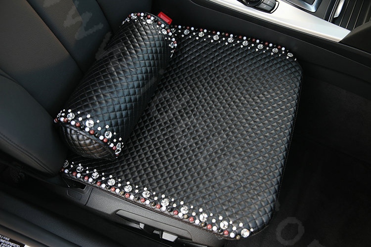 Women Crystal Beaded Universal Car Seat Cushion Pearl Genuine Sheepskin Pad 1pcs - Black