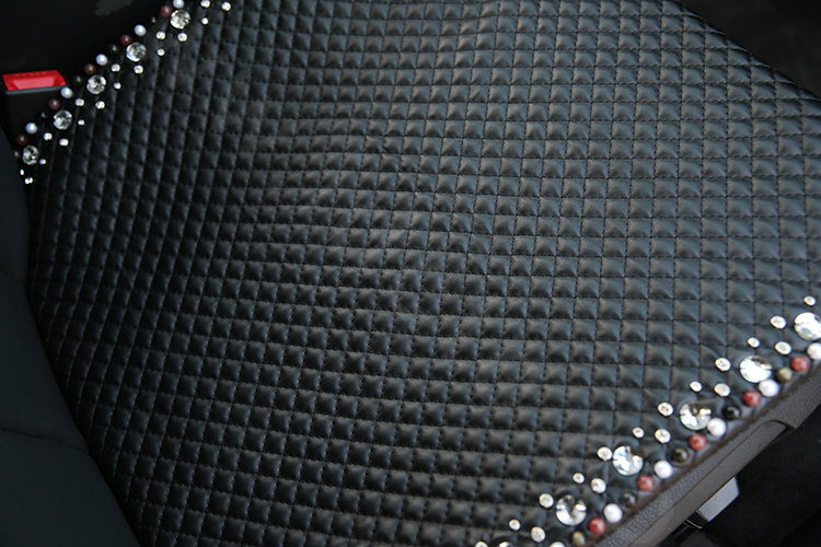 Women Crystal Beaded Universal Car Seat Cushion Pearl Genuine Sheepskin Pad 1pcs - Black