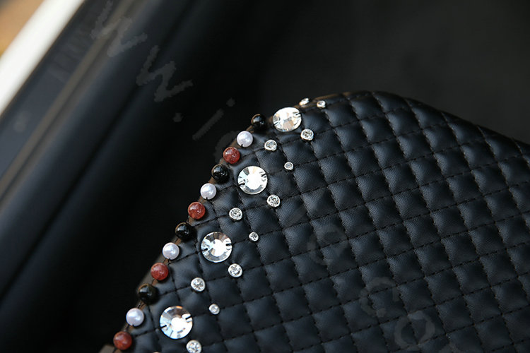 Women Crystal Beaded Universal Car Seat Cushion Pearl Genuine Sheepskin Pad 1pcs - Black