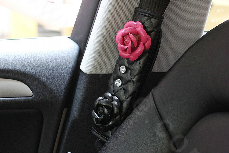 Women Diamond With Camellia Flower Leather Vehicle Seat Safety Belt Covers 2pcs - Black Rose
