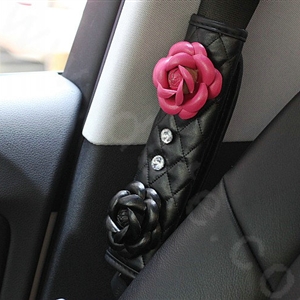 Women Diamond With Camellia Flower Leather Vehicle Seat Safety Belt Covers 2pcs - Black Rose