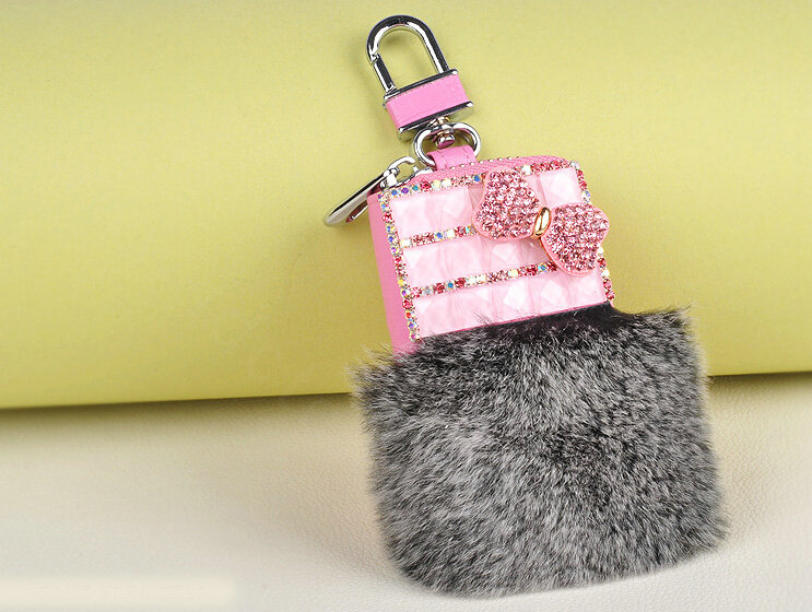 Elegant Universal Crystal Bowknot Genuine Leather Auto Key Bags Key Chain - Gray