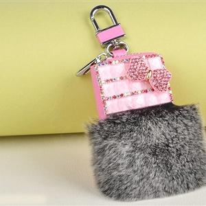 Elegant Universal Crystal Bowknot Genuine Leather Auto Key Bags Key Chain - Gray