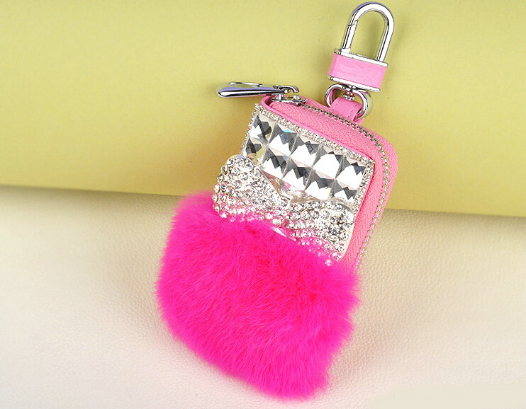 Elegant Universal Crystal Bowknot Genuine Leather Auto Key Bags Key Chain - Rose