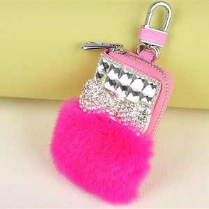 Elegant Universal Crystal Bowknot Genuine Leather Auto Key Bags Key Chain - Rose