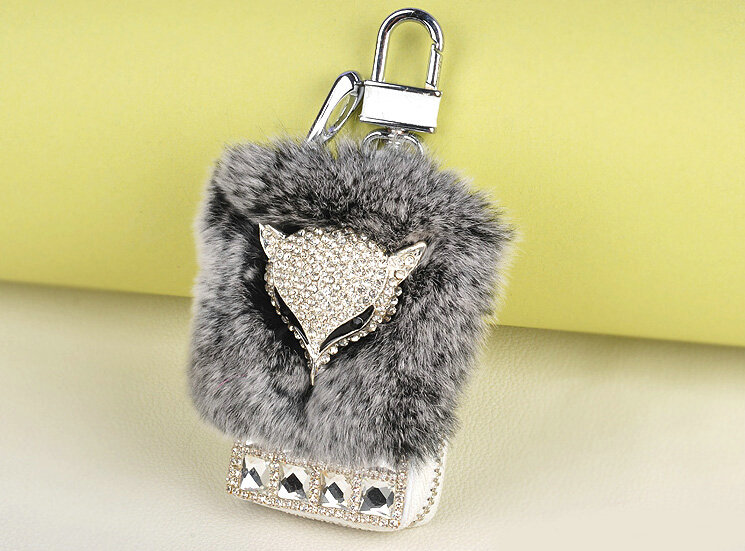 Elegant Universal Crystal Fox Genuine Leather Auto Key Bags Key Chain - Gray