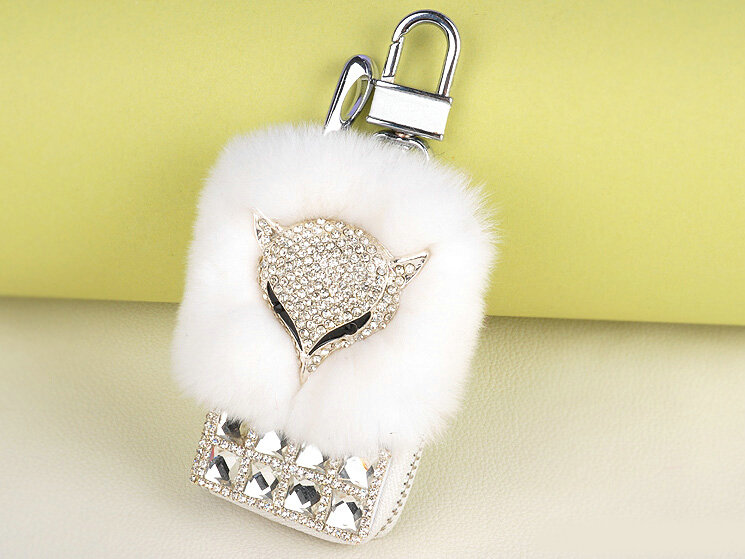 Elegant Universal Crystal Fox Genuine Leather Auto Key Bags Key Chain - White