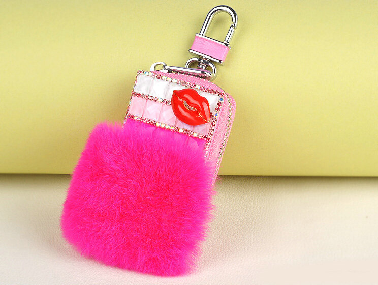 Elegant Universal Crystal Lips Genuine Leather Auto Key Bags Key Chain - Rose