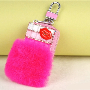 Elegant Universal Crystal Lips Genuine Leather Auto Key Bags Key Chain - Rose