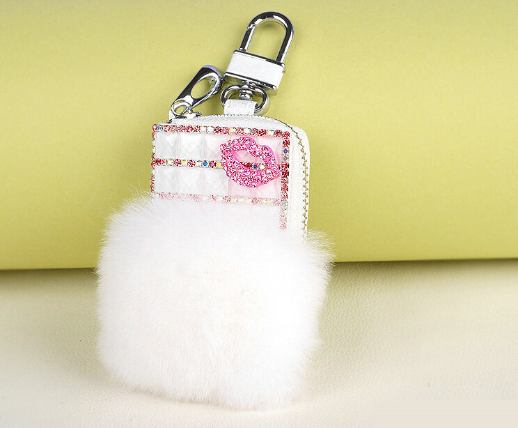 Elegant Universal Crystal Lips Genuine Leather Auto Key Bags Key Chain - White