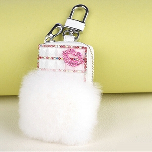 Elegant Universal Crystal Lips Genuine Leather Auto Key Bags Key Chain - White