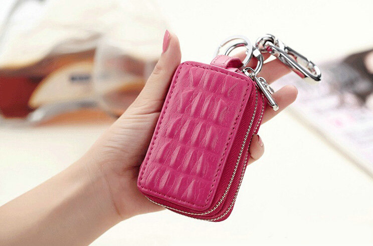 High-capacity Universal Genuine Leather Crocodile Grain Auto Key Bags - Rose