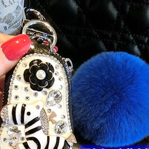 Luxurious Universal Crystal Genuine Leather Auto Key Bags Blue fur Ball Key Chain - Black