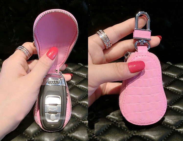 Luxurious Universal Crystal Genuine Leather Auto Key Bags Purple Fur Ball Key Chain - Pink