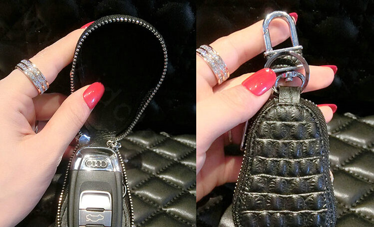 Luxurious Universal Crystal Genuine Leather Auto Key Bags White Fur Ball Key Chain - Black