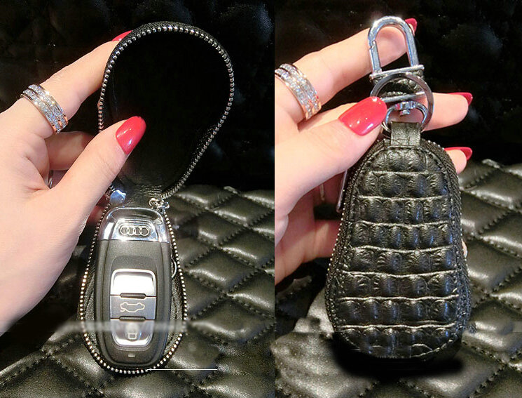 Luxurious Universal Crystal Genuine Leather Auto Key Bags Key Chain - Black