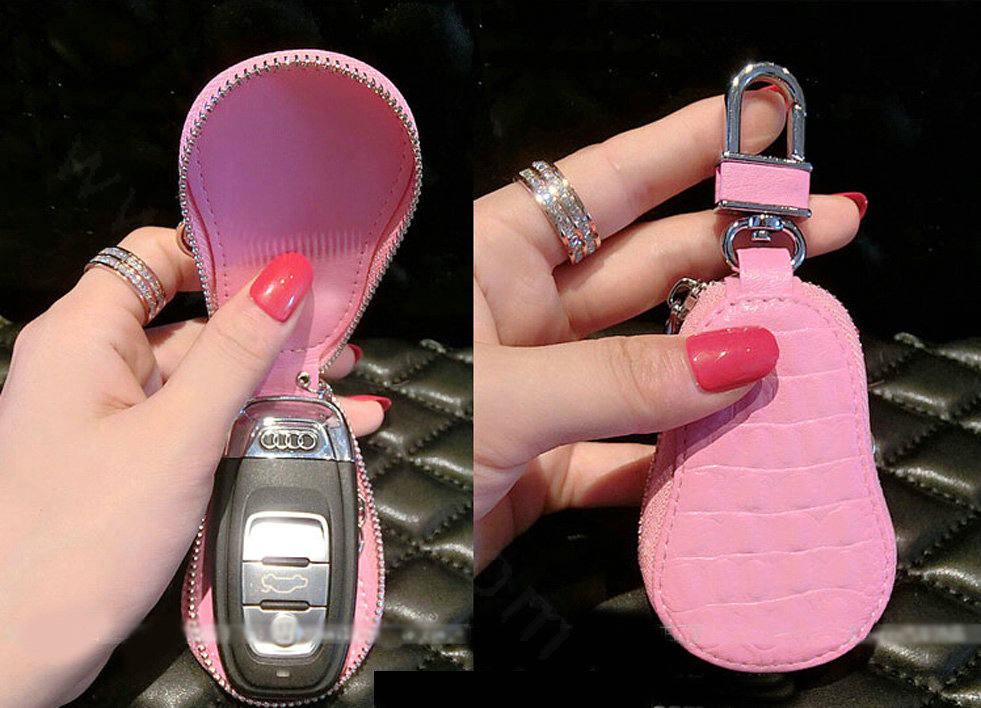 Luxurious Universal Crystal Genuine Leather Auto Key Bags Key Chain - Pink