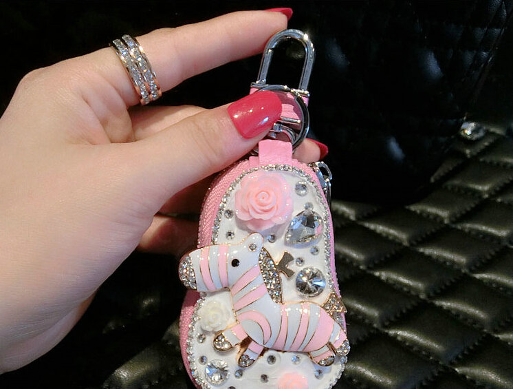 Luxurious Universal Crystal Genuine Leather Auto Key Bags Key Chain - Pink