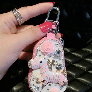 Luxurious Universal Crystal Genuine Leather Auto Key Bags Key Chain - Pink