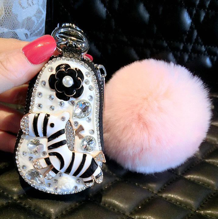 Luxurious Universal Crystal Genuine Leather Auto Key Bags Pink Fur Ball Key Chain - Black