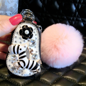 Luxurious Universal Crystal Genuine Leather Auto Key Bags Pink Fur Ball Key Chain - Black