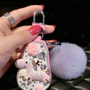 Luxurious Universal Crystal Genuine Leather Auto Key Bags Purple Fur Ball Key Chain - Pink