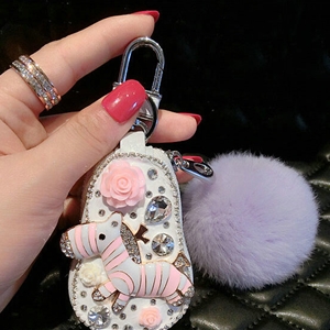 Luxurious Universal Crystal Genuine Leather Auto Key Bags Purple Fur Ball Key Chain - White