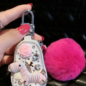 Luxurious Universal Crystal Genuine Leather Auto Key Bags Rose Fur Ball Key Chain - White