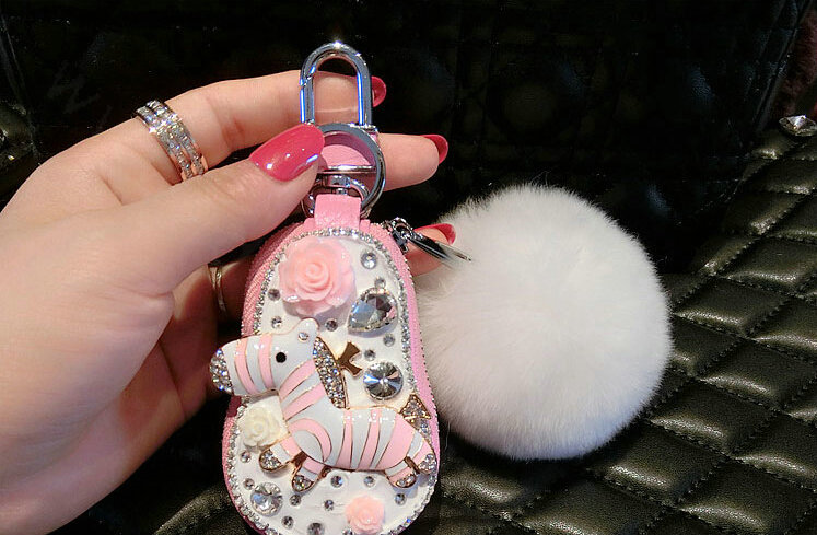 Luxurious Universal Crystal Genuine Leather Auto Key Bags White Fur Ball Key Chain - Pink