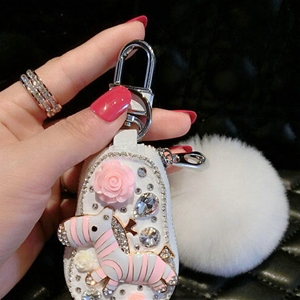 Luxurious Universal Crystal Genuine Leather Auto Key Bags White Fur Ball Key Chain - White
