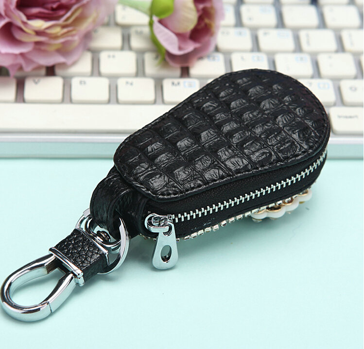 Luxurious Universal Sheep Crystal Genuine Leather Auto Key Bags Key Chain - Black