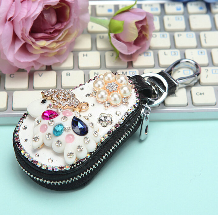 Luxurious Universal Sheep Crystal Genuine Leather Auto Key Bags Key Chain - Black
