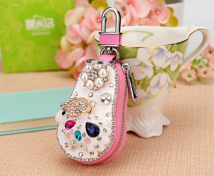 Luxurious Universal Sheep Crystal Genuine Leather Auto Key Bags Key Chain - Pink