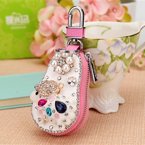Luxurious Universal Sheep Crystal Genuine Leather Auto Key Bags Key Chain - Pink