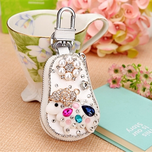 Luxurious Universal Sheep Crystal Genuine Leather Auto Key Bags Key Chain - White