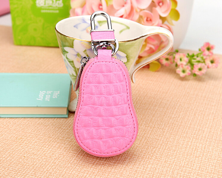 Luxurious Universal Sheep Crystal Genuine Leather Auto Key Bags Pink Fur Ball Key Chain - Pink