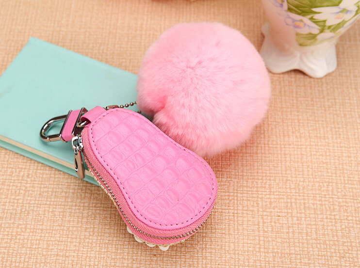 Luxurious Universal Sheep Crystal Genuine Leather Auto Key Bags Pink Fur Ball Key Chain - Pink