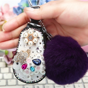 Luxurious Universal Sheep Crystal Genuine Leather Auto Key Bags Purple Fur Ball Key Chain - Black
