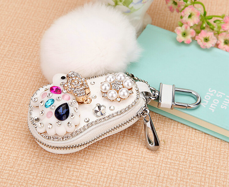 Luxurious Universal Sheep Crystal Genuine Leather Auto Key Bags White Fur Ball Key Chain - White