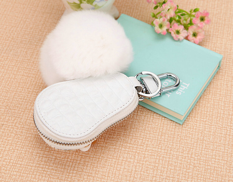 Luxurious Universal Sheep Crystal Genuine Leather Auto Key Bags White Fur Ball Key Chain - White