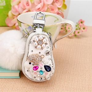 Luxurious Universal Sheep Crystal Genuine Leather Auto Key Bags White Fur Ball Key Chain - White