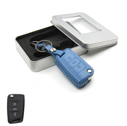 Personalized Genuine Leather Crocodile Grain Auto Key Bags Fold for Volkswagen Golf - Blue