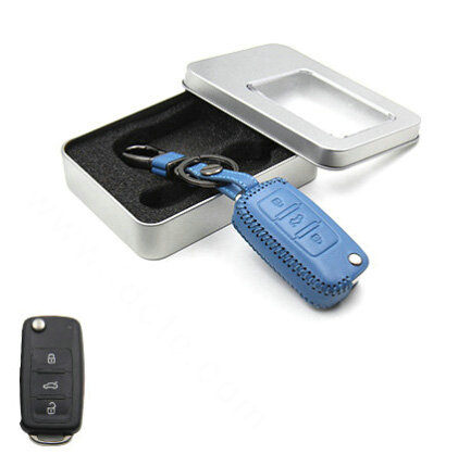 Personalized Genuine Leather Crocodile Grain Auto Key Bags Fold for Volkswagen Jetta - Blue