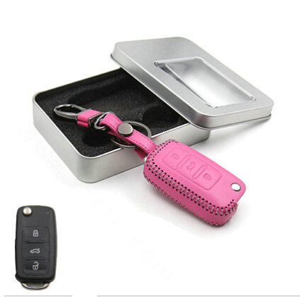 Personalized Genuine Leather Crocodile Grain Auto Key Bags Fold for Volkswagen Jetta - Pink