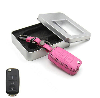 Personalized Genuine Leather Crocodile Grain Auto Key Bags Fold for Volkswagen Passat - Pink