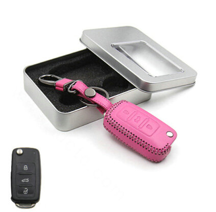 Personalized Genuine Leather Crocodile Grain Auto Key Bags Fold for Volkswagen Sagitar - Pink