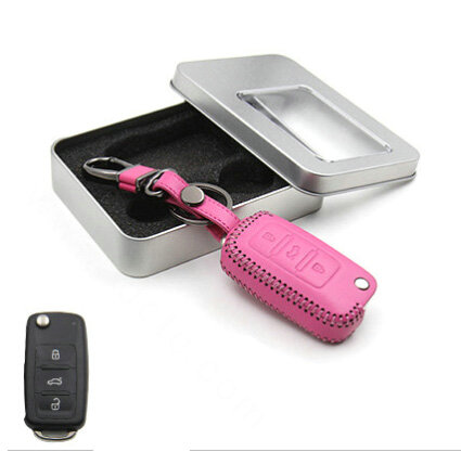 Personalized Genuine Leather Crocodile Grain Auto Key Bags Fold for Volkswagen Santana - Pink