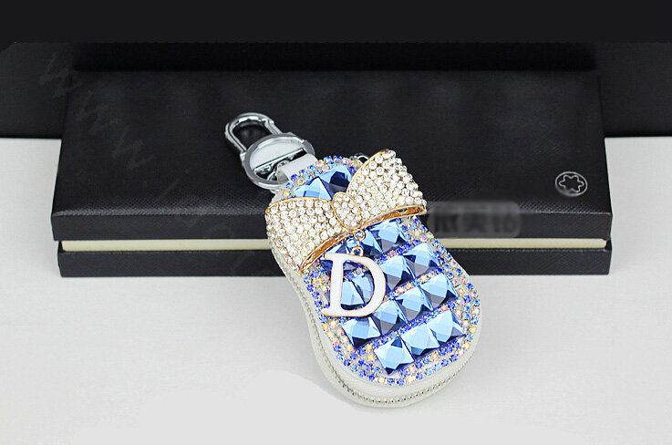 Pretty Universal Crystal Bowknot Genuine Leather Auto Key Bags Key Chain - Blue