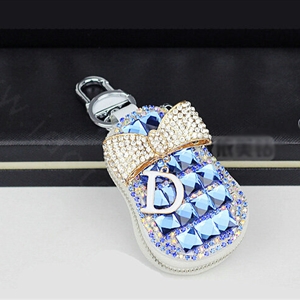 Pretty Universal Crystal Bowknot Genuine Leather Auto Key Bags Key Chain - Blue