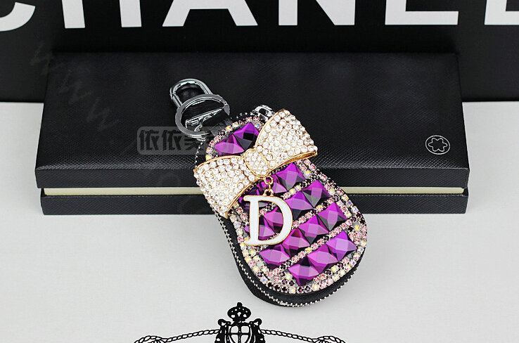 Pretty Universal Crystal Bowknot Genuine Leather Auto Key Bags Key Chain - Purple